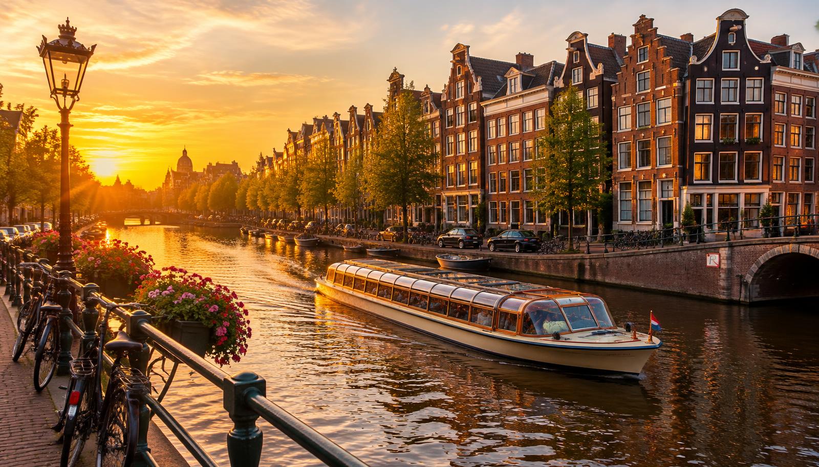 Glasboot fährt unter einer Steinbrücke durch eine Amsterdamer Gracht